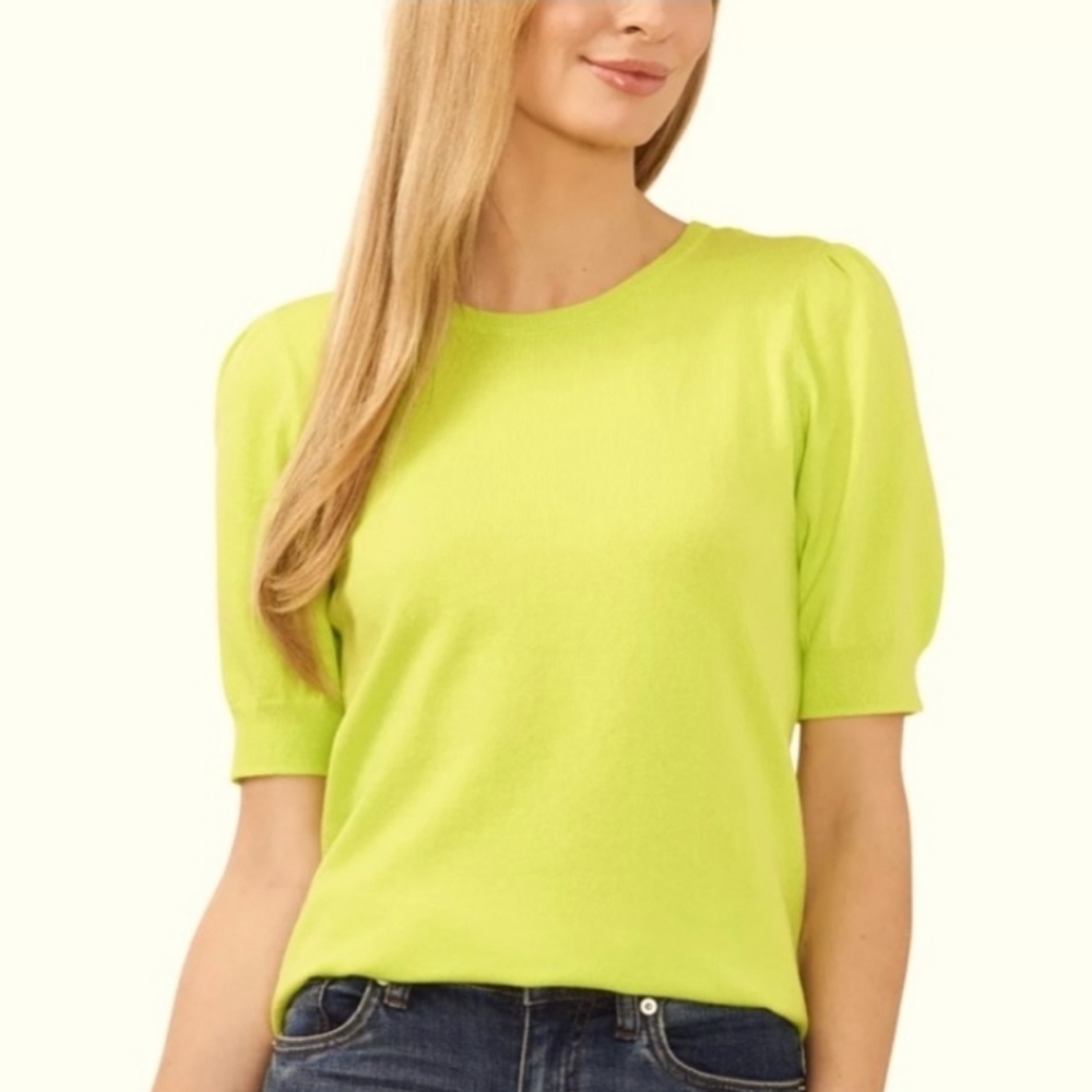 NWT CeCe Puff Sleeve Cotton Crewneck Sweater in Sugar Lime Size Small - Picture 2 of 15
